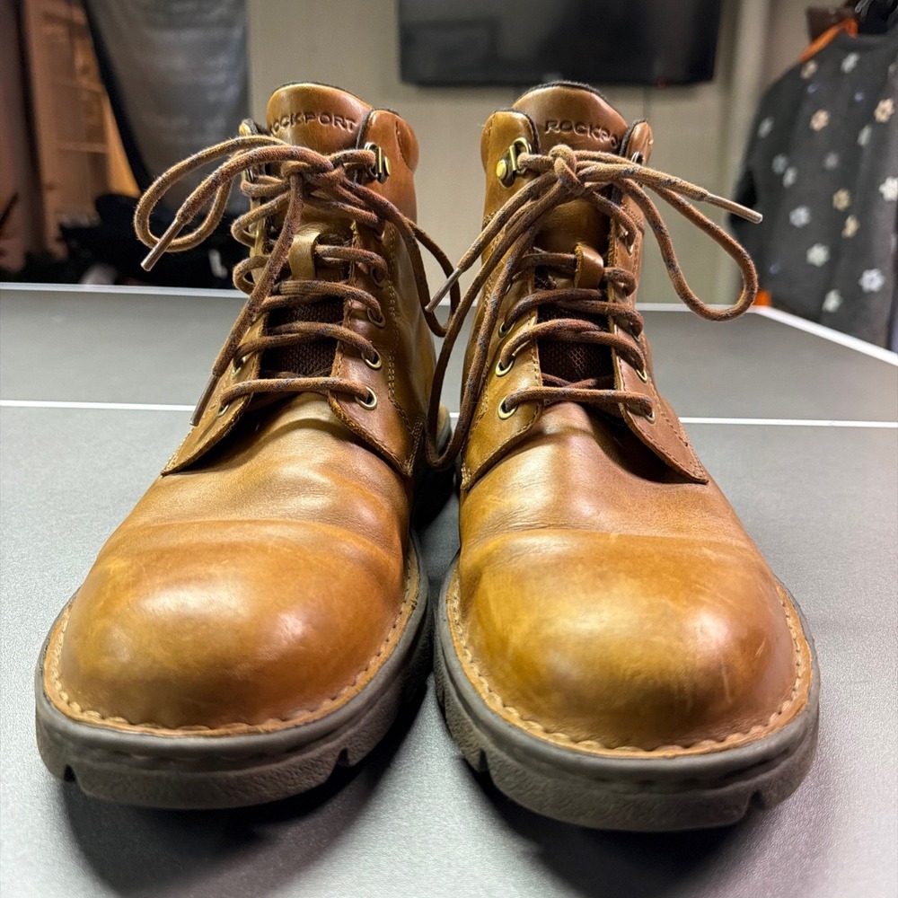 Rockport Mens‎ Tan Leather Lace Up Boots grunge Size 12 M Ankle Lug Sole Casual